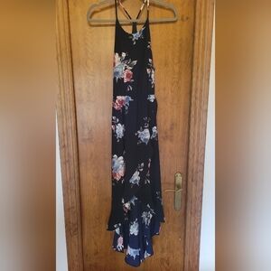 Floral Maxi Dress in Black with Red and Blue Accents
